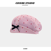 韩系甜美爱心蝴蝶结贝雷帽女春秋大版 画家帽子潮 显脸小云朵帽时尚