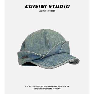 日系复古牛仔水洗做旧牛仔帽子女小众个性 街头鸭舌帽男 贝雷帽美式