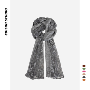 韩系复古蕾丝拼接针织小花长款 饰围脖 围巾女秋冬旅游文艺氛围感装