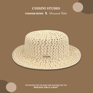 老钱风镂空编织平顶帽子女夏季 复古海边度假拍照遮阳防晒草帽 法式