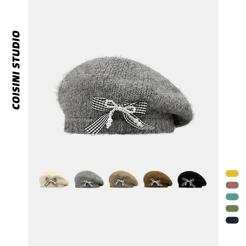 甜美百搭蝴蝶结显脸小针织贝雷帽