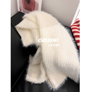 2025新款温柔风软糯米白仿貂毛针织围巾女秋冬保暖百搭高级感围脖