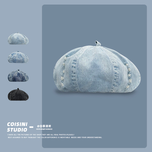 韩版 复古破洞水洗牛仔贝雷帽子女春秋休闲百搭画家帽大头围显脸小