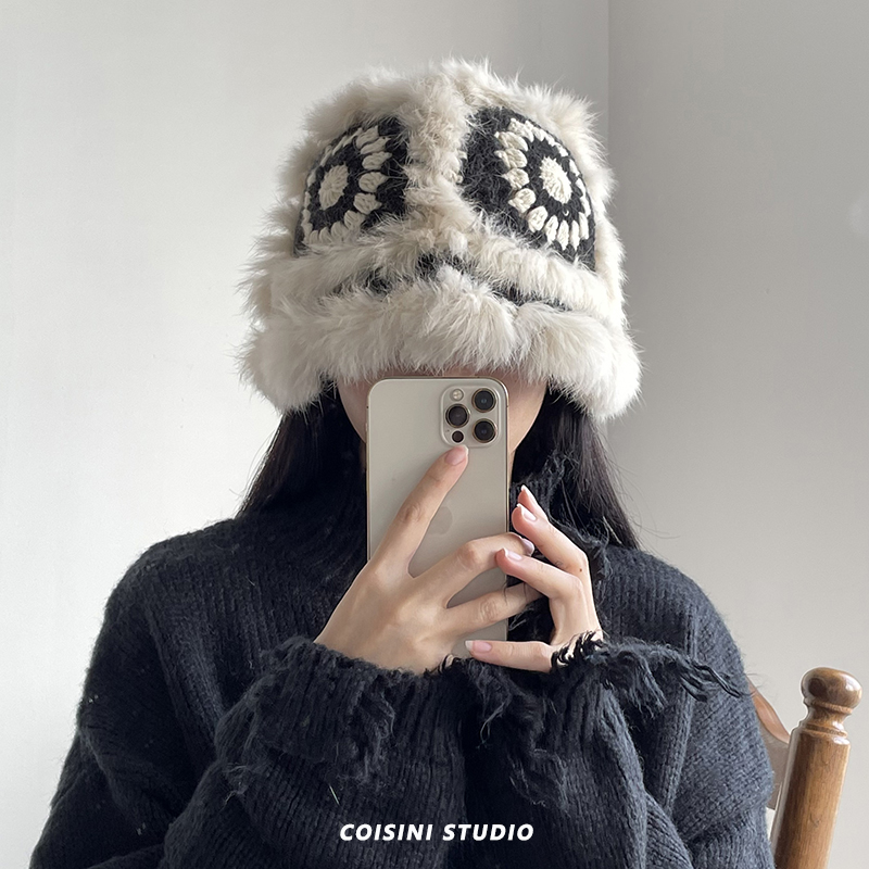 中国风兔毛手工针织盆帽显脸小冬