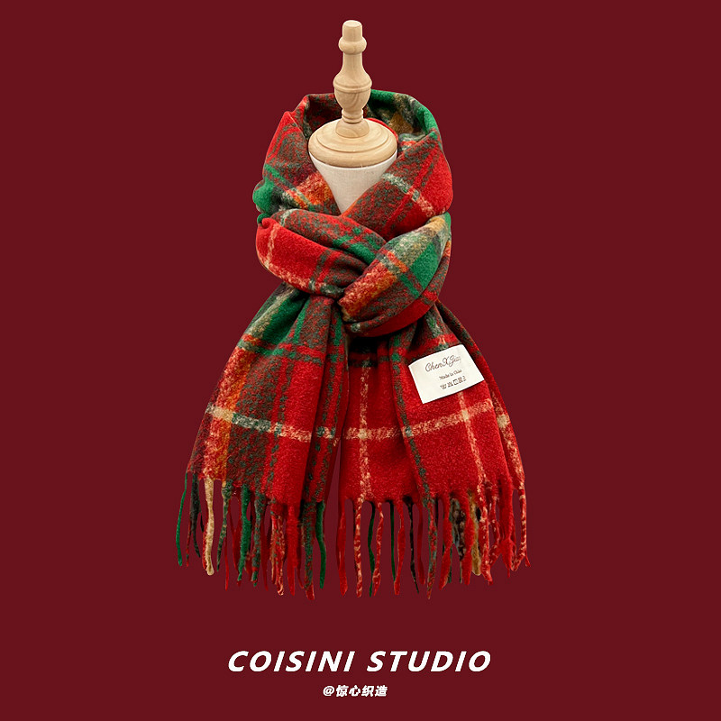 新年圣诞红色仿羊绒格子围巾女冬季保暖百搭软糯亲肤流苏围脖披肩