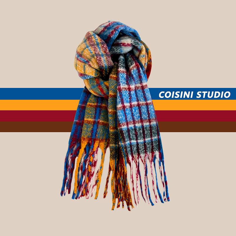彩色油画格子加厚马海毛围巾秋冬