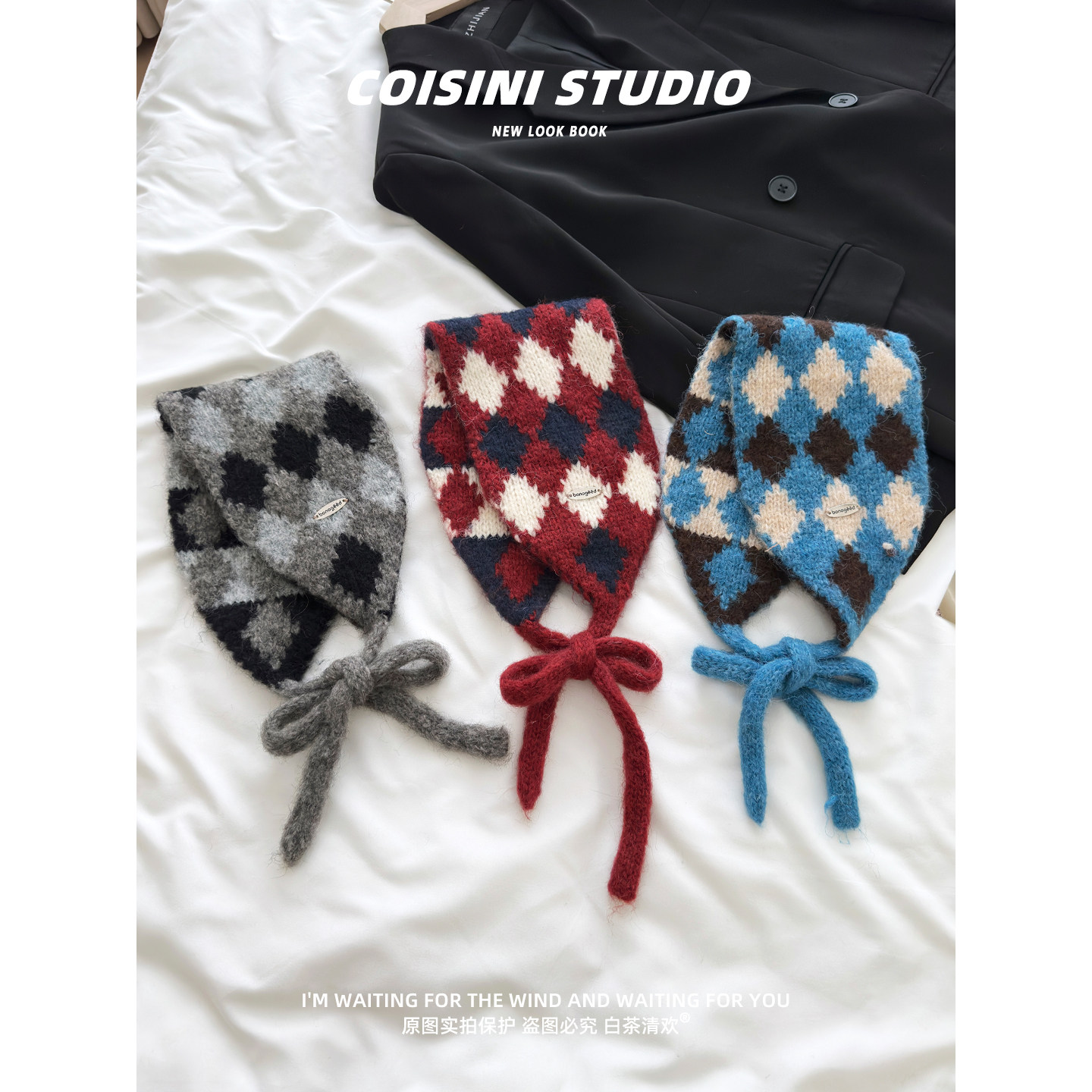 韩系复古菱形格子绑带耳罩女生秋冬季骑行防寒护耳保暖耳捂子学生