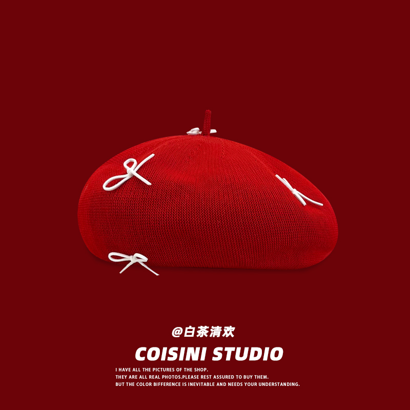 韩版可爱蝴蝶结红色贝雷帽子女