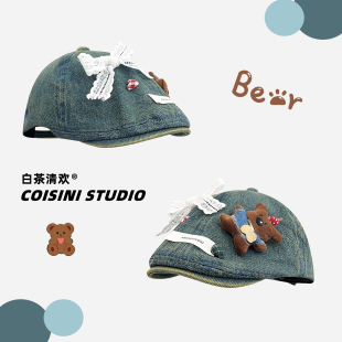 日系复古可爱小棕熊牛仔前进帽子女春夏休闲百搭画家帽报童贝雷帽