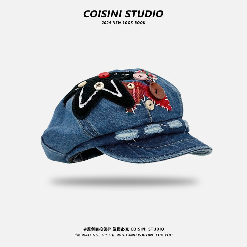 个性复古贴布纽扣星星牛仔贝雷帽子女时髦八角帽简约百搭显脸小潮,服饰配件/皮带/帽子/围巾,帽子,淘宝优惠券,粉丝福利购,淘宝优惠卷