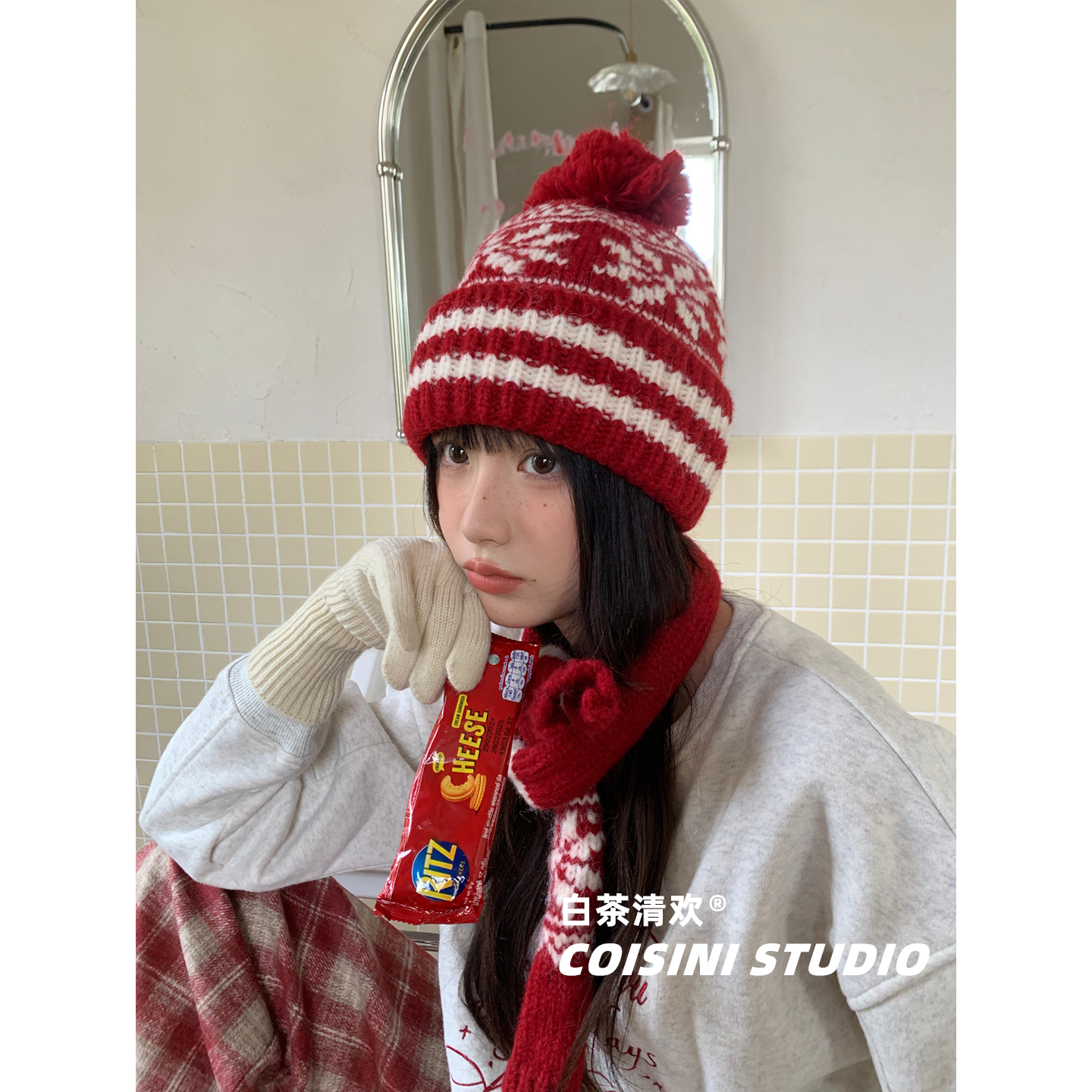 费尔岛风提花毛球针织帽子女围脖