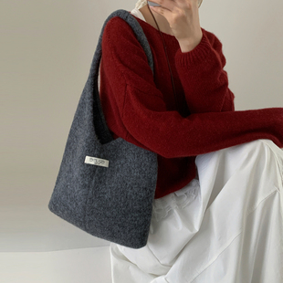 韩系可爱针织羊毛呢手提包包女生手拎包手提包编织慵懒风托特包潮