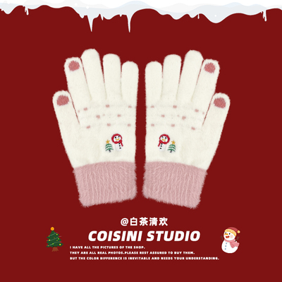 圣诞雪人毛绒针织保暖五指手套