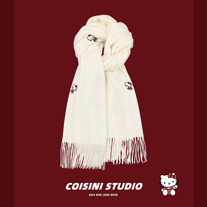 韩版HelloKitty刺绣仿羊绒围巾
