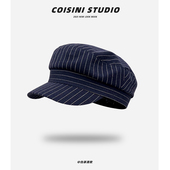 日系文艺条纹棉麻八角帽子女春夏休闲百搭复古画家帽报童帽显脸小