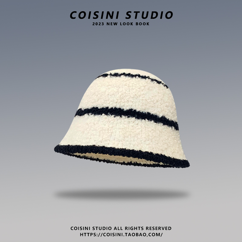日系复古条纹水桶帽女秋冬潮