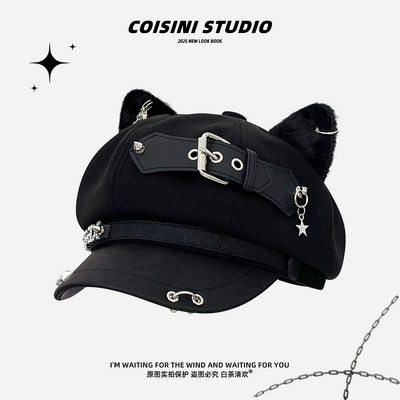 原创亚文化柳钉皮扣猫耳贝雷帽