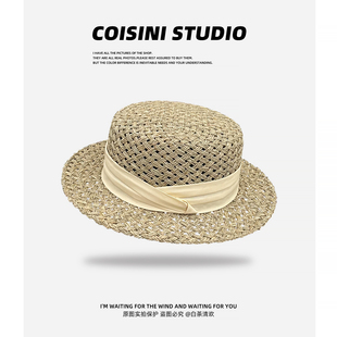 手编天然咸草草帽女夏季 复古平顶礼帽出游百搭遮阳防晒帽子潮 法式
