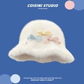 日系甜美蝴蝶结毛绒渔夫帽子女秋冬保暖可爱宽檐显脸小百搭盆帽潮