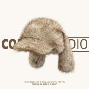 日系复古毛绒绒兔子耳朵鸭舌帽女冬保暖美式 辣妹休闲百搭毛绒帽潮