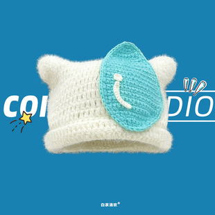 可爱趣味搞怪大无语水滴流汗毛线帽子女秋冬保暖百搭耳朵针织帽潮