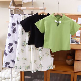 女童中式国潮套装2025夏季新款儿童盘口短袖上衣宝宝喇叭裤两件套