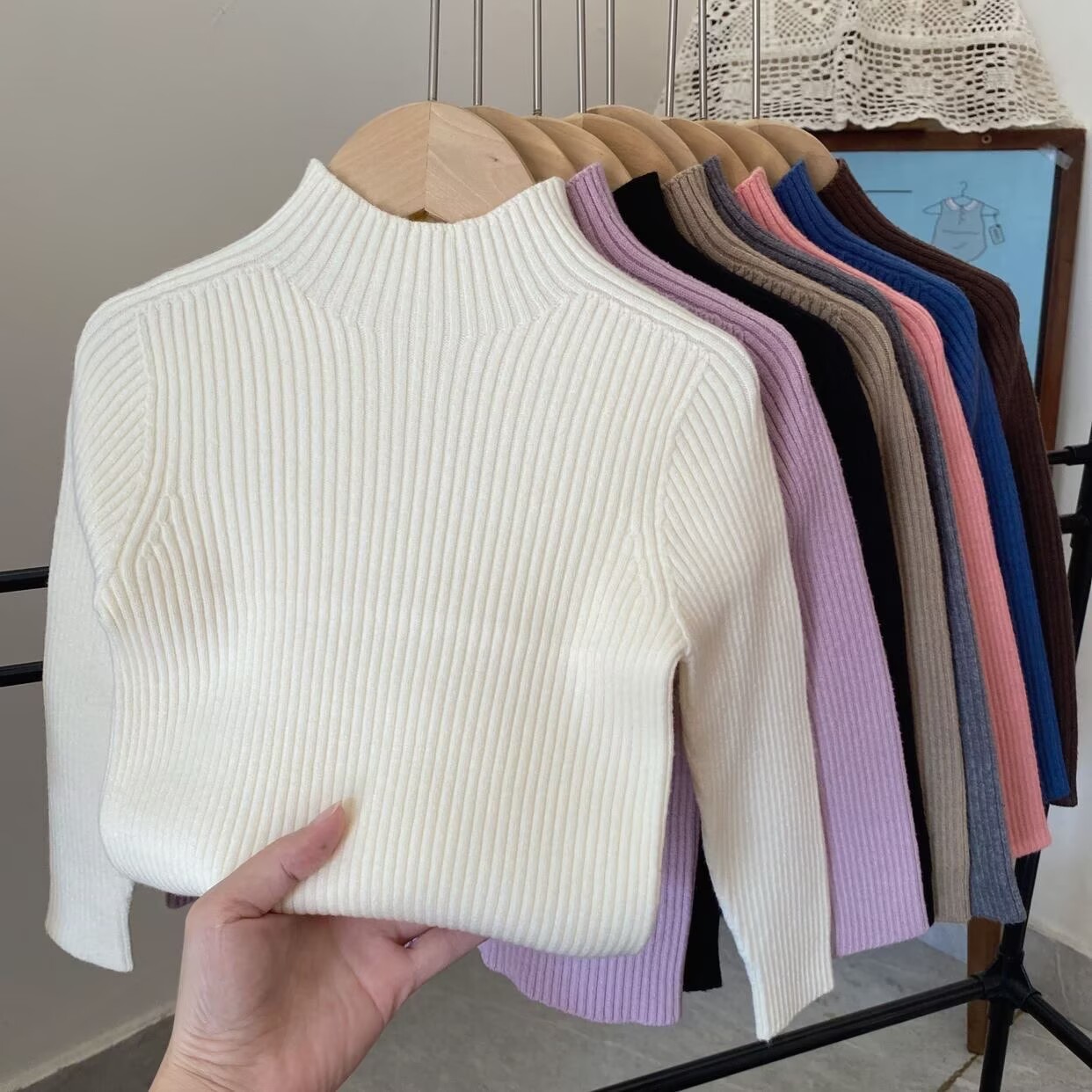 女童纯色半高领毛衣儿童打底针织