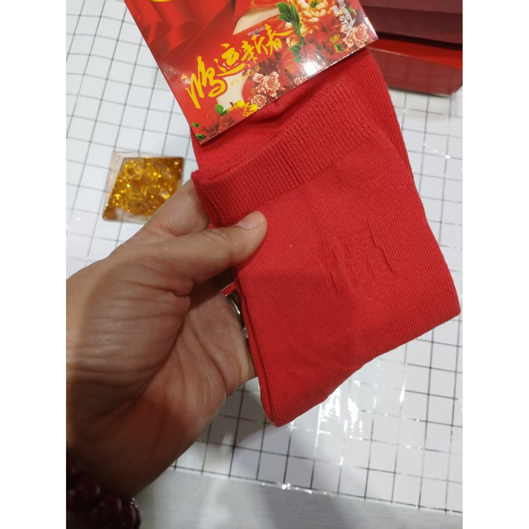3双浪莎女红棉袜080801中腰女福字大红袜中厚棉高棉短袜短筒棉袜