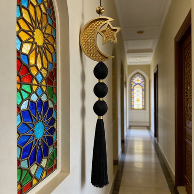 星垂|轻奢风星月造型手工编织挂饰黑金流苏挂件小众高级感软装