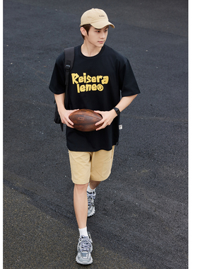 蔡哥哥男装重磅300g经典宽松黑色短袖纯棉T恤男日系字母T恤N103