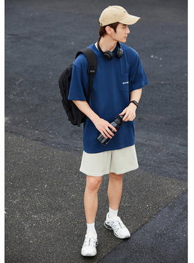 蔡哥哥男装重磅300g经典简约复古宽松口袋蓝色短袖纯棉T恤男N102