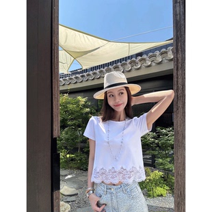拼接蕾絲T恤顯瘦百搭圓領(lǐng)短袖 大瓶定制 m1u系 正肩合身版 上衣女夏