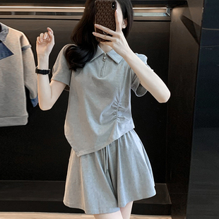 灰色休闲运动短袖套装女夏季时尚网红炸街俏皮活泼阔腿短裤两件套