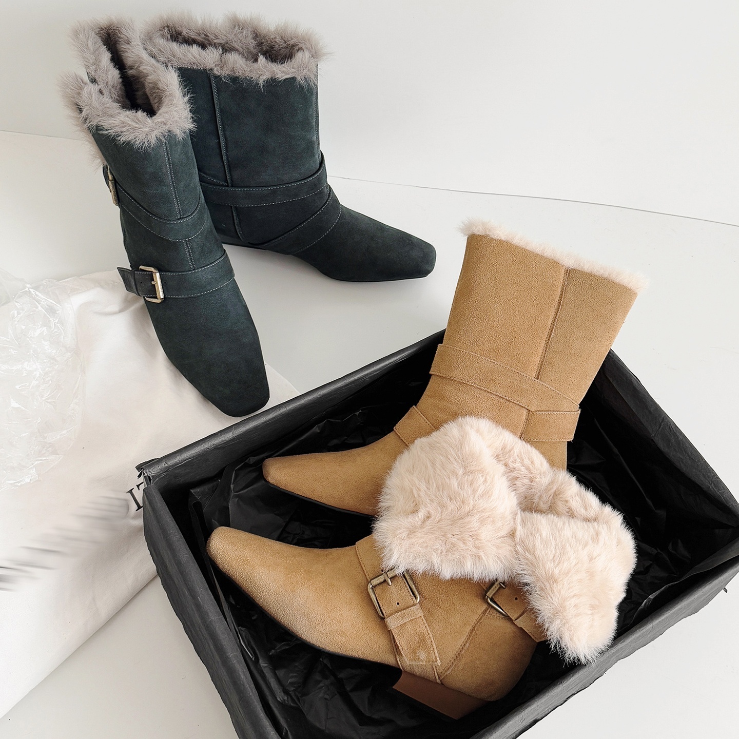 西部复古粗跟皮带扣绒里雪地靴