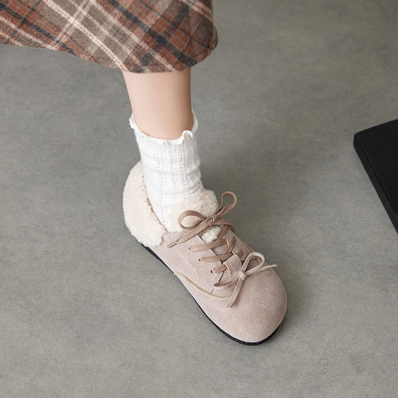 休闲舒适百搭平底系带保暖毛毛鞋