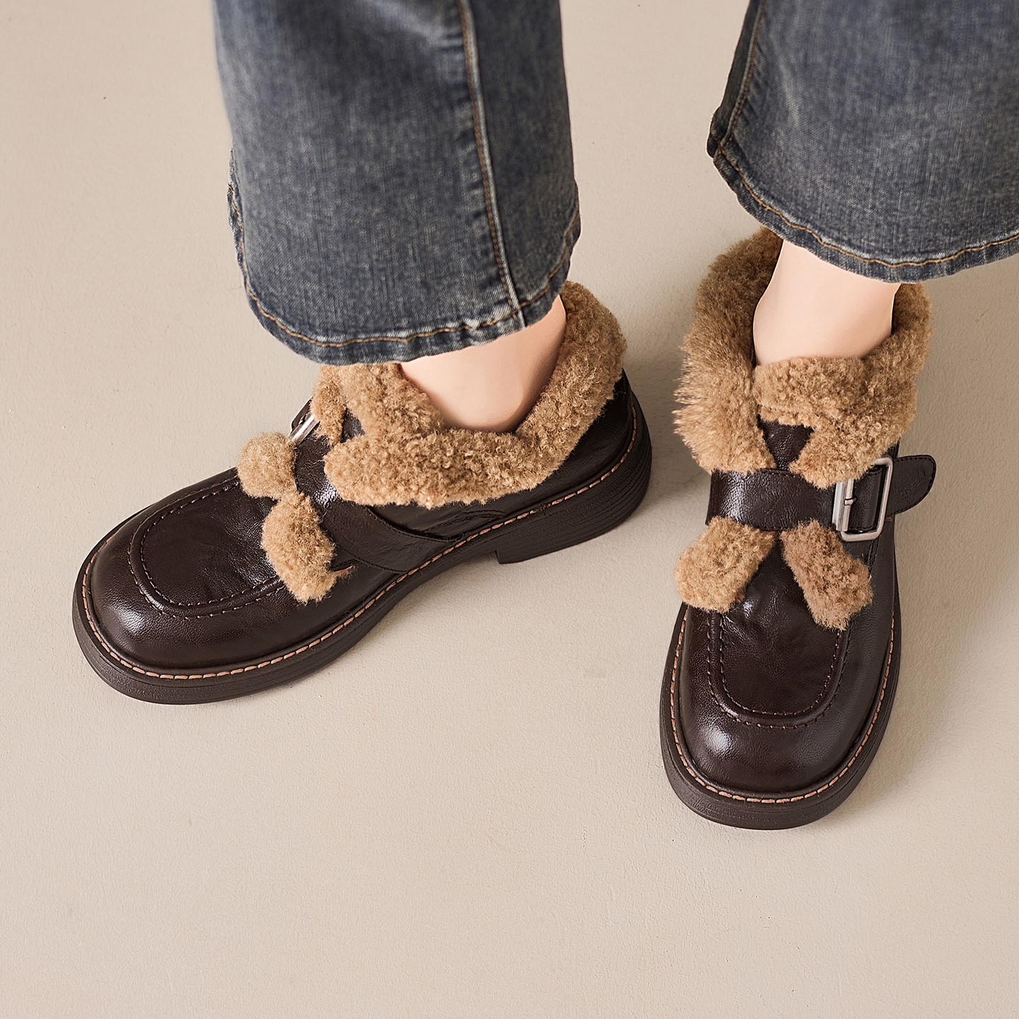 复古休闲百搭粗跟舒适保暖乐福鞋