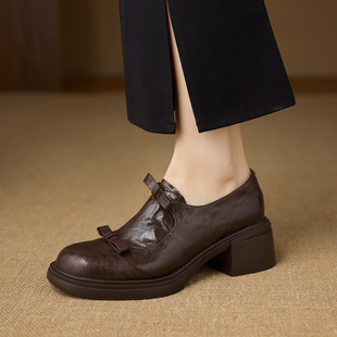 羊皮粗跟深口蝴蝶结简约百搭小皮鞋 lorem香港 复古单鞋 新款 26春季