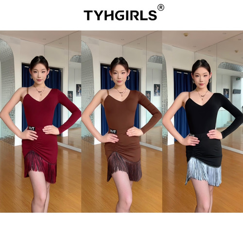 TYH拉丁舞服女新款单肩连体衣带胸垫练功服小个子混色流苏短裙