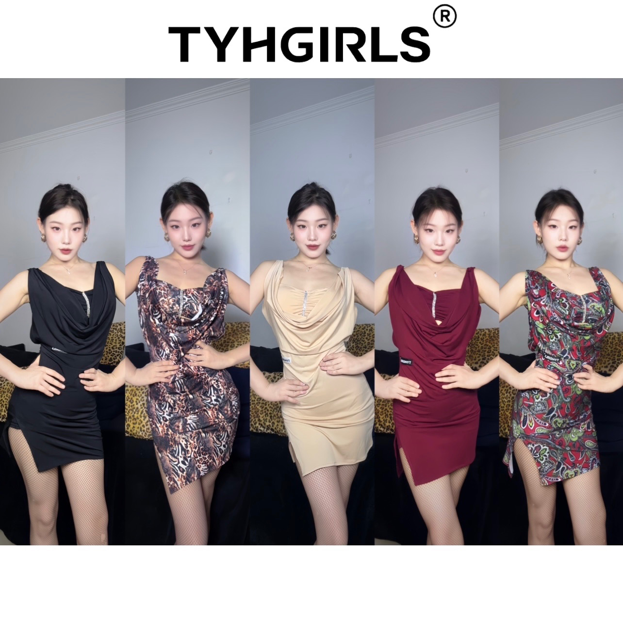 TYH舞服5色新款拉丁女成人性感修身一体式钻条连衣裙带胸垫底裤