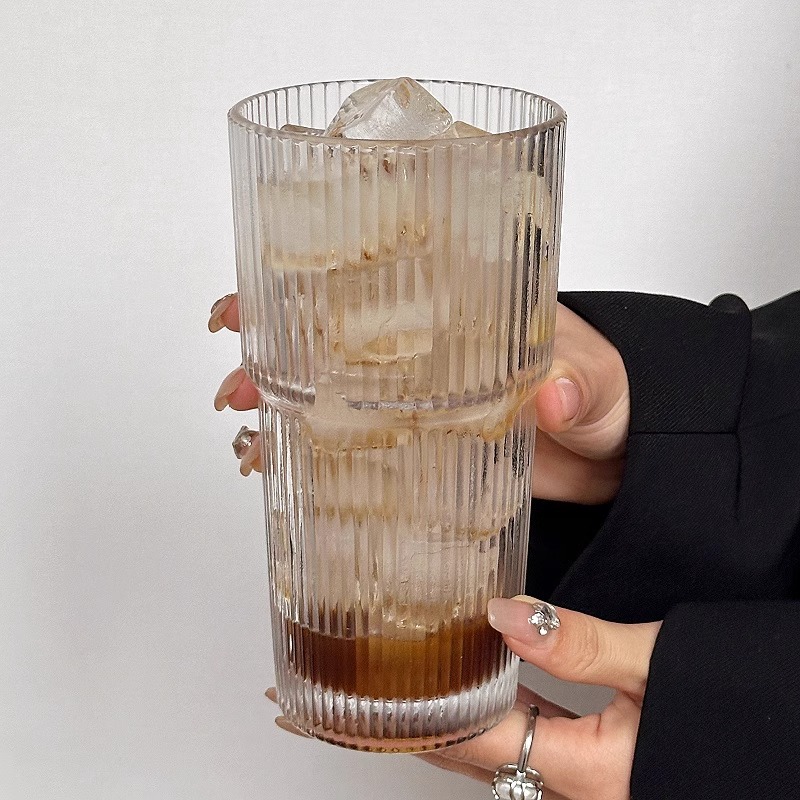 咖啡厅复古可叠竖纹玻璃杯子冰美式拿铁杯咖啡杯大容量饮品杯水