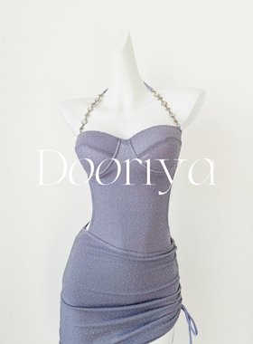 2025新款高级感细闪水钻紫色小胸钢托聚拢遮肚露背连体泳衣女温泉