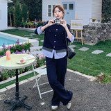 藏青色韩系休闲套装女2025春新款设计感条纹拼接上衣直筒裤两件套，女装套装/套裙，2C170
