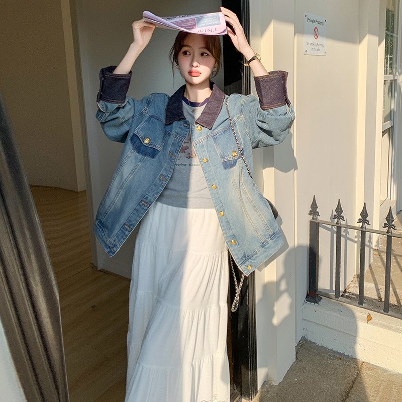 女宽松外套朋克风拼接纽扣短款百搭秋装春季短外套春秋长袖网红,女装短外套,2C170
