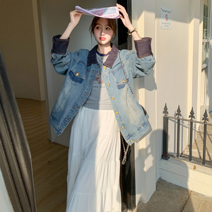女宽松外套朋克风拼接纽扣短款百搭秋装春季短外套春秋长袖网红图片