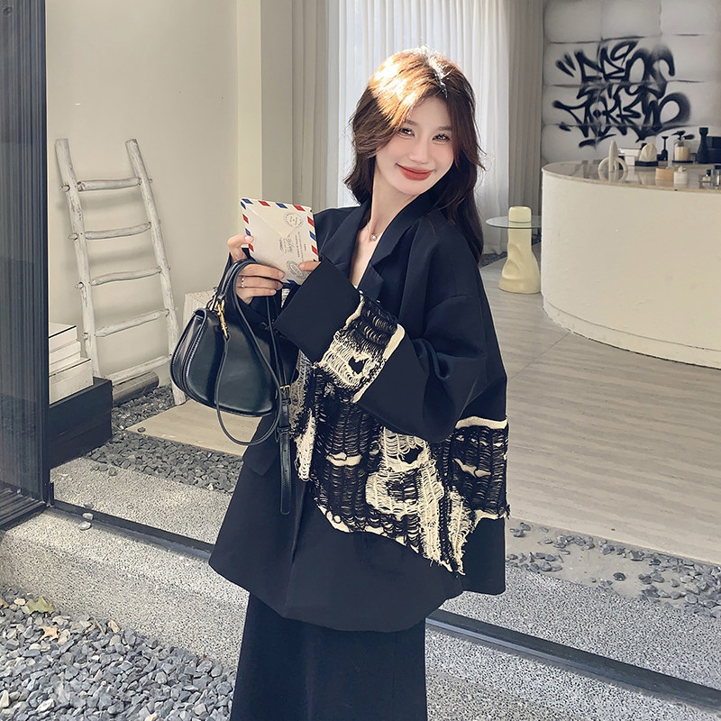 黑色西装外套女2025春季新款高级感宽松长袖休闲开衫独特别致上衣图片