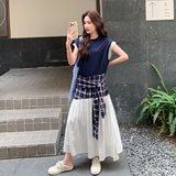 设计感格子拼接收腰连衣裙女2025夏季新款韩版盐甜系显瘦a字裙潮，女装连衣裙，2C170