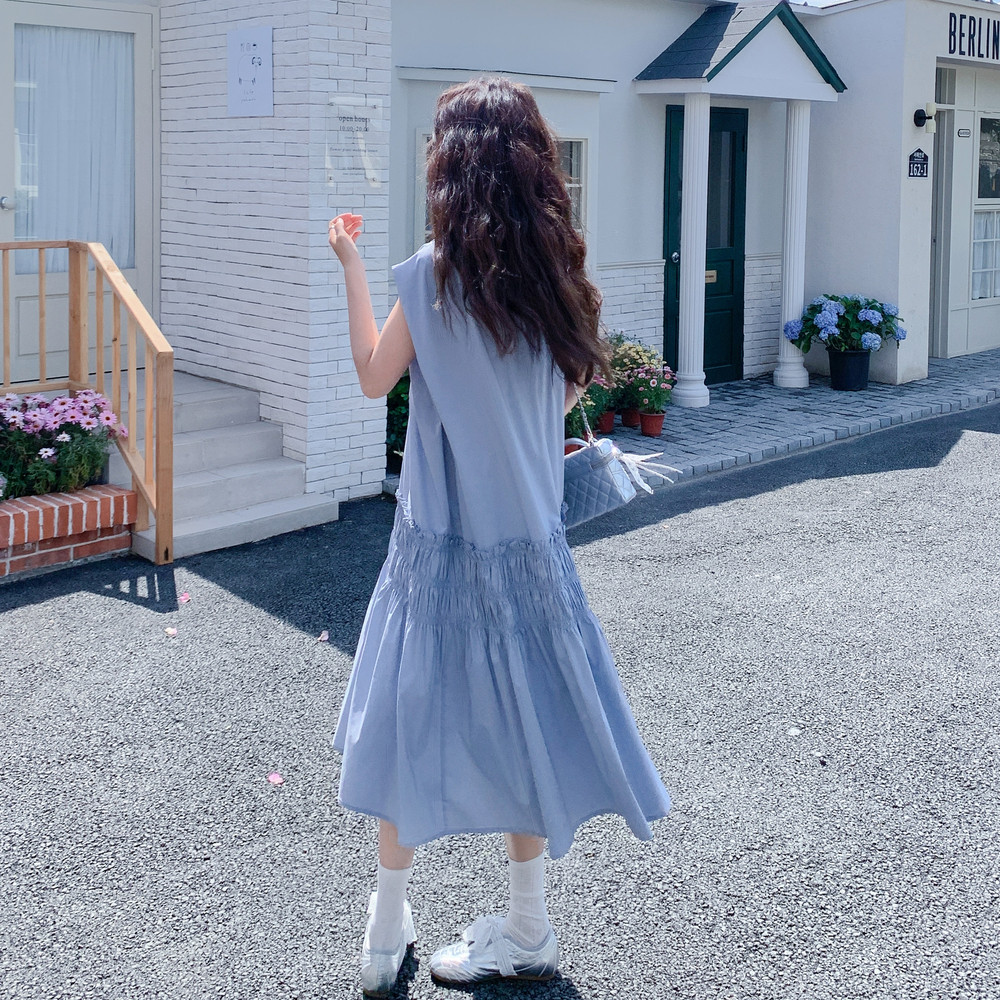 蓝色韩系休闲松弛感减龄连衣裙女2025夏季新款法式木耳边休闲长裙,女装连衣裙,2C170