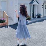 蓝色韩系休闲松弛感减龄连衣裙女2025夏季新款法式木耳边休闲长裙，女装连衣裙，2C170