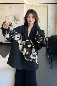 黑色西装外套女2025春季新款高级感宽松长袖休闲开衫独特别致上衣图片