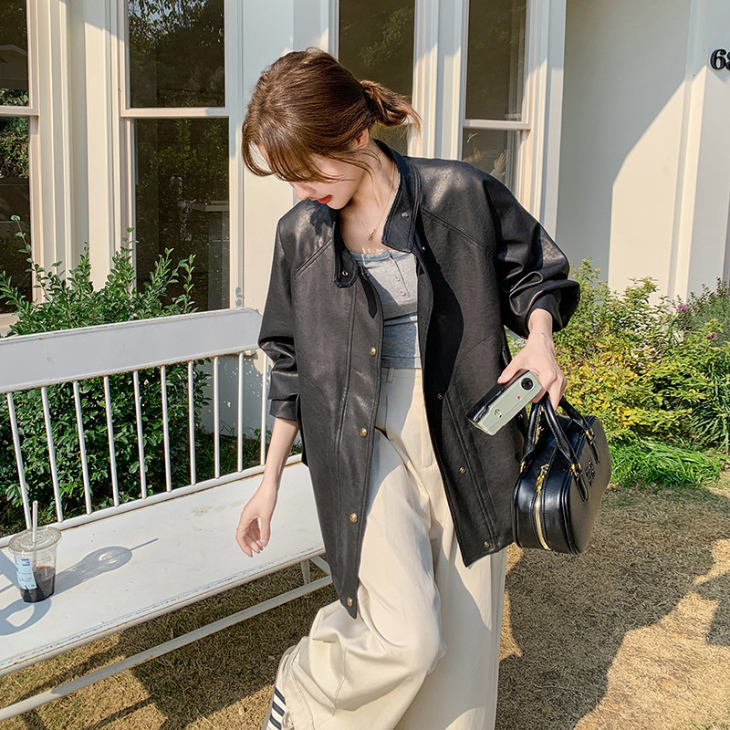 chic韩系春夏过渡穿搭风宽松插肩袖皮衣2025春秋简约高级感外套女,女装短外套,2C170
